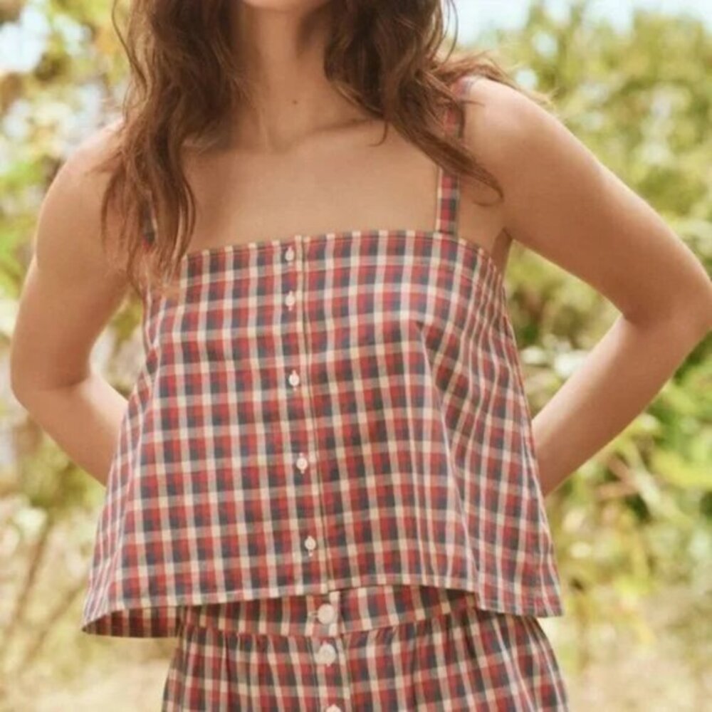 THE GREAT. Red and Blue Plaid Blouse